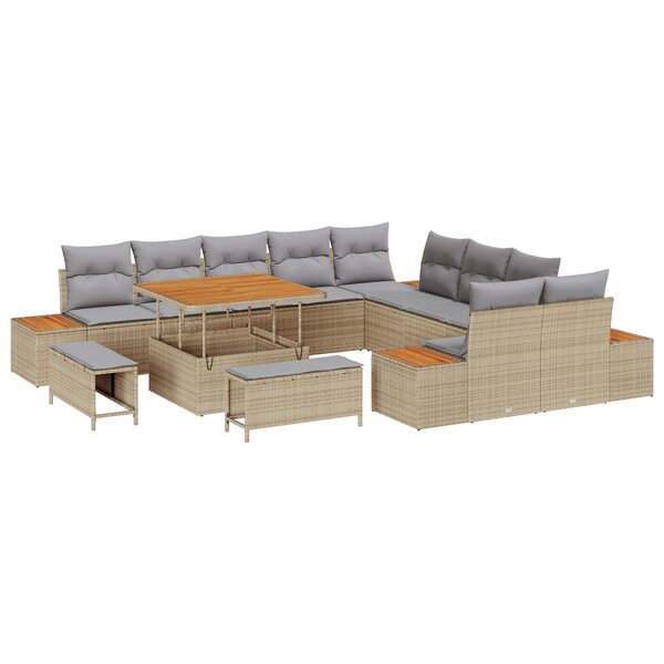 Ensemble de canapés de jardin 13 pièces avec coussins Beige Poly Rotin Acacia