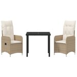 vidaXL Set de salle à manger de jardin 3 pièces avec coussins Beige Rotin synthétique.