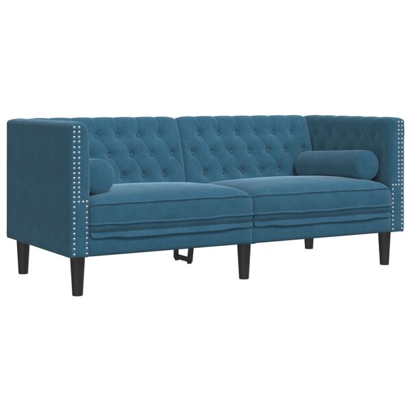vidaXL Canapé Chesterfield avec traversins 2 places bleu velours