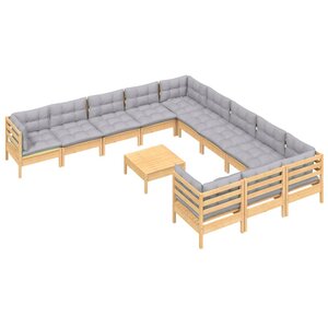 Salon de jardin meuble d'extérieur ensemble de mobilier 12 pièces avec coussins gris bois de pin 02_0015575