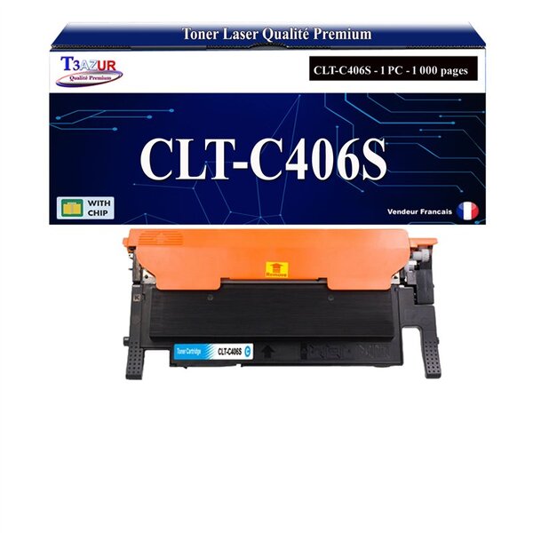 T3AZUR - Toner compatible avec Samsung CLT-C406S pour Samsung CLP360 CLP365 CLP365W CLX3300 CLX3305 CLX3305FN CLX3305FW CLX3305W C410W C460FW C460W - Cyan