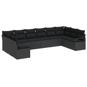 Ensemble de canapé de jardin 10 pièces avec coussins Noir Poly Rattan