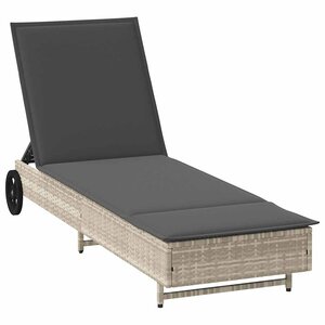 vidaXL Chaise longue avec roues et coussins gris clair résine tressée