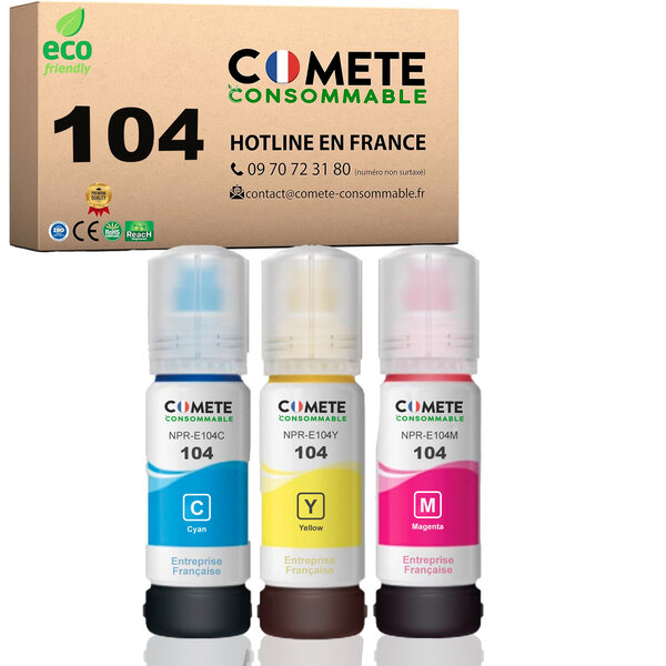 COMETE, Entreprise Française- 104- pack 3 Recharges Ecotank Compatibles EPSON