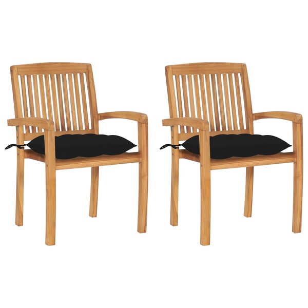 vidaXL Chaises de jardin lot de 2 et coussins noir Bois de teck massif