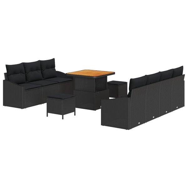 Ensemble de canapé de jardin 10 pièces avec coussins noir poly rotin acacia