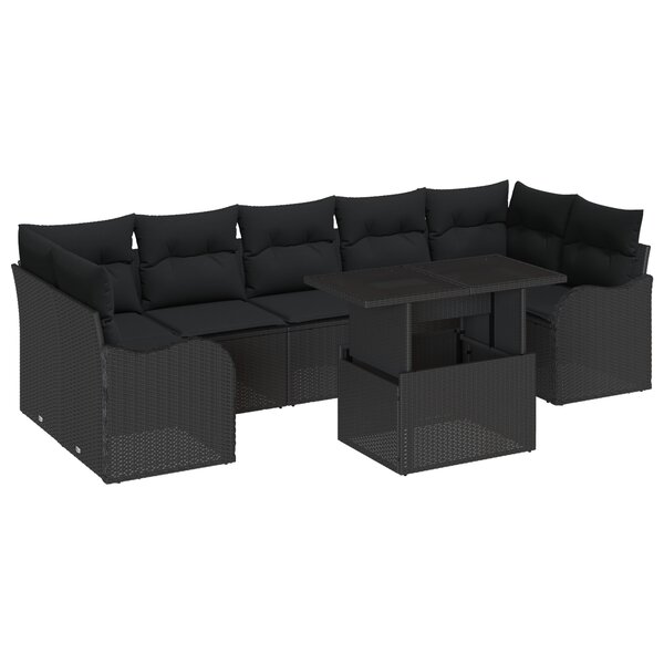 Ensemble de canapé de jardin 8 pièces avec coussins en rotin noir
