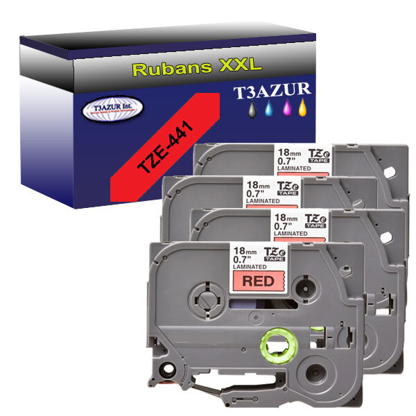4 x Rubans d'étiquettes laminées générique Brother Tze-441 pour étiqueteuses P-touch - Texte noir sur fond rouge - T3AZUR