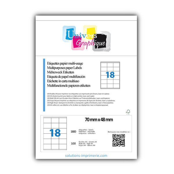 Lot de 100 planches a4 de 18 étiquettes à bords vifs 70 x 48 mm en papier blanc 70g/m² multifonction