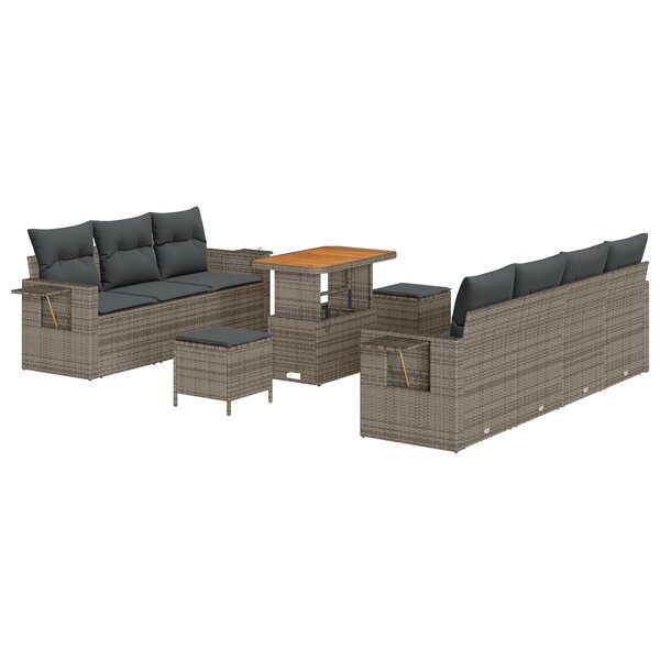Ensemble de Canapé de Jardin 10 pièces avec Coussins Gris Poly Rattan Acacia