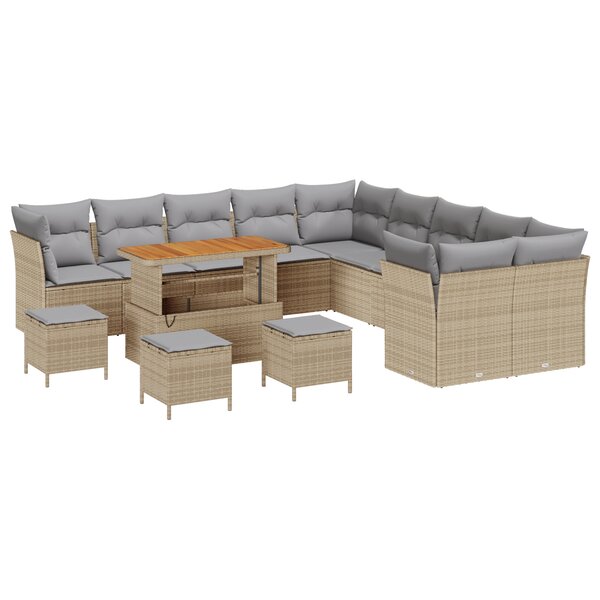 vidaXL Ensemble de Canapé de Jardin de 14 Pièces avec Coussins Beige Poly Rattan Acacia