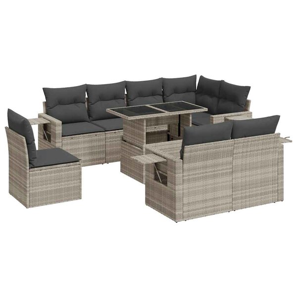vidaXL Salon de jardin 9 Pièces avec coussins gris clair résine tressée