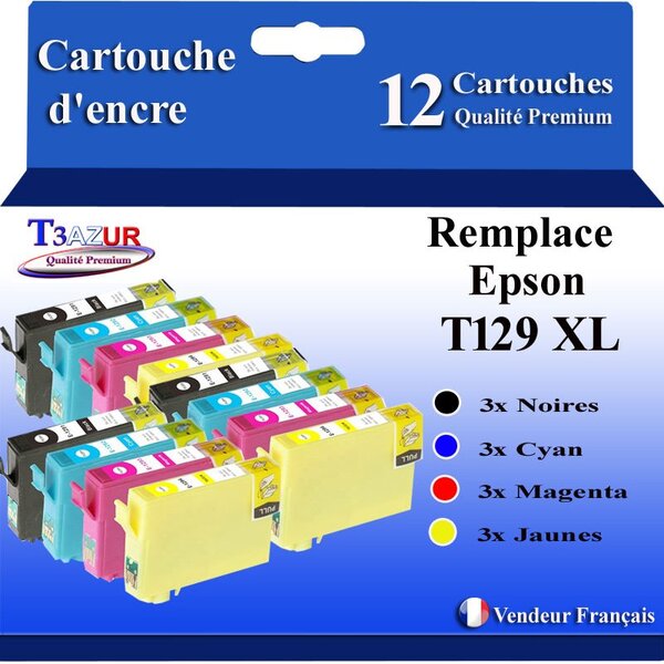 T3AZUR- 12x Cartouches Compatibles avec Epson T1291 T1292 T1293 T1294  remplace Epson Stylus SX235W SX525WD SX425W SX445W Stylus Office BX535WD WF3520 WF7515 WF7525