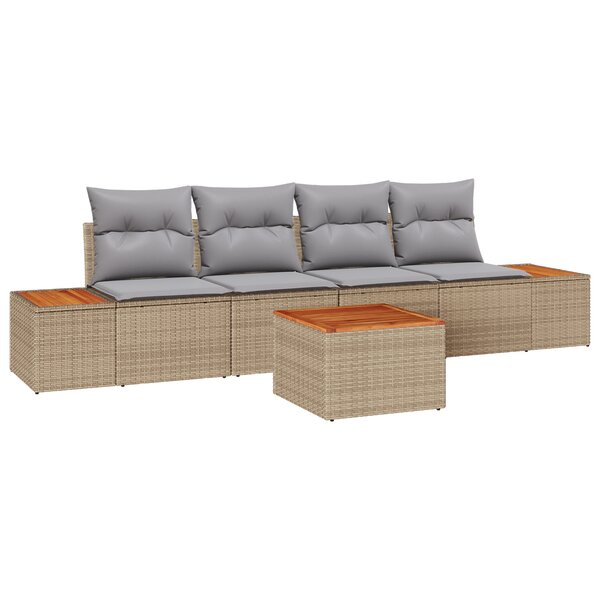 vidaXL Canapés de jardin 5 pièces avec coussins beiges en poly rattan et acacia.