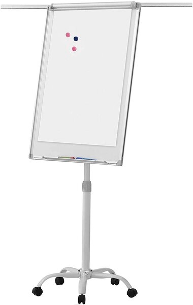 Chevalet de conférence sur roulettes réglable en hauteur 60 x 90 cm 2 bras extensibles magnétique effaçable incluant marqueurs aimants éponge paperboard tableau magnétique blanc 01_0000172