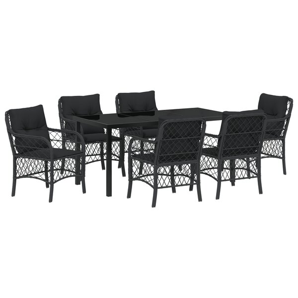 vidaXL Ensemble de Salle à Manger de Jardin de 7 Pièces avec Coussins Noir Poly Rattan