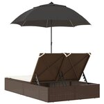 vidaXL Chaise longue double avec coussins et parasol marron poly rotin