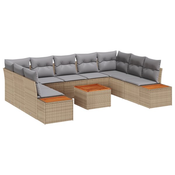 vidaXL Ensemble de Canapés de Jardin 10 Pièces avec Coussins Beige Poly Rattan Acacia