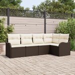 Ensemble de canapés de jardin 5 pièces avec coussins en rotin poly marron