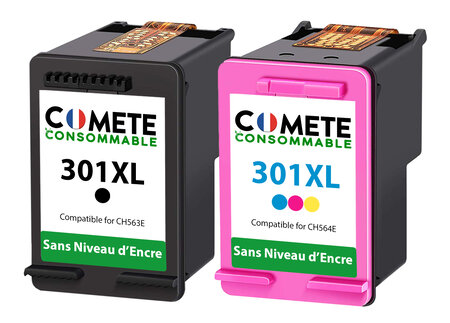 COMETE - Fabriqué en France - 301XL - 2 Cartouches d'encre Compatibles avec HP 301 XL - sans Affichage du Niveau d'encre - pour Cartouche HP 301