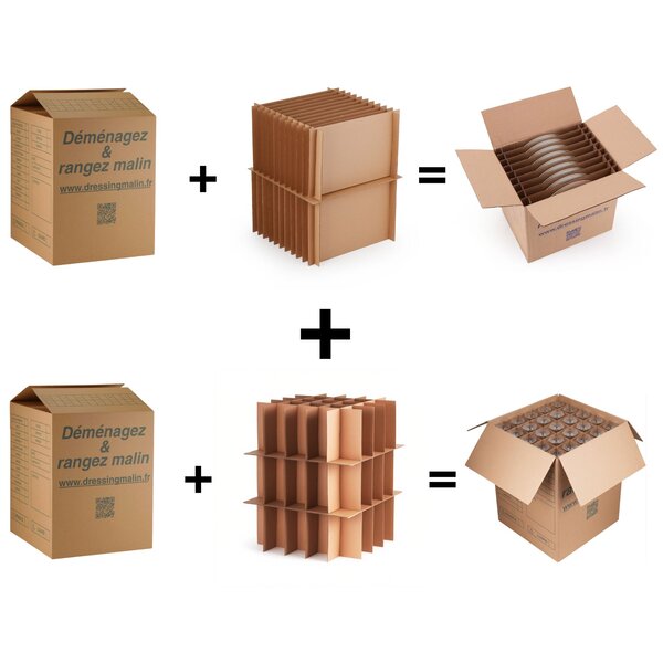 Kit Déménagement Vaisselle - 2 Cartons 114L Renforcés + Séparateurs - 75 Verres et 24 Assiettes - Protection Anti-Casse Déménagement
