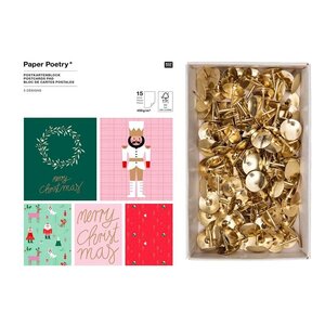 Bloc cartes postales 15 feuilles Christmas + 150 punaises dorées