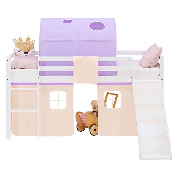 Lit mezzanine 90x200cm avec toboggan  tunnel et rideau pin pêche