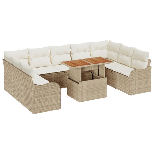 Ensemble de Canapés de Jardin de 10 Pièces avec Coussins Beige Poly Rattan Acacia