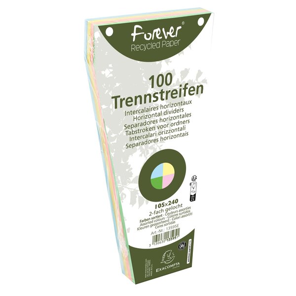 Paquet 100 Fiches Intercalaires Trapézoïdales Unies Perforées Forever - 105x240mm - Couleurs Assorties - X 6 - Exacompta