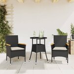 vidaXL Ensemble à manger de jardin et coussins 3 Pièces noir rotin verre