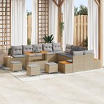 Ensemble de canapés de jardin 14 pièces avec coussins beige poly rotin acacia