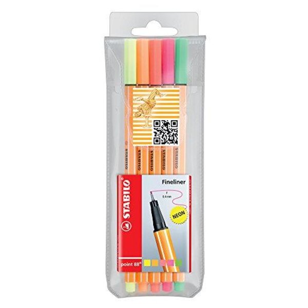 Pochette de 5 Stylo-Feutre POINT 88 Pointe Fine 0,4 mm FLUO STABILO