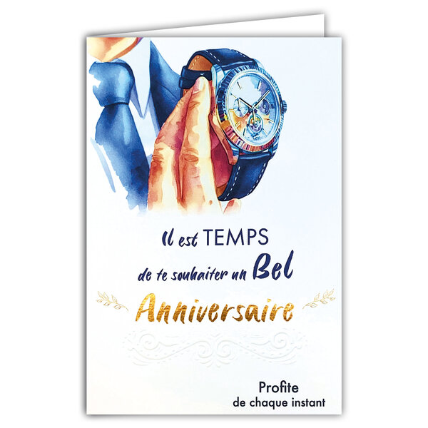 69-3133 Carte Anniversaire pour Homme Chic élégant Montre Cravate Costume Bleu Aquarelle 40 50 60 70 ans -Finitions Dorure Or Doré + Gaufrage en Relief +1 Enveloppe Format 12x17cm -Fabriqué en Europe