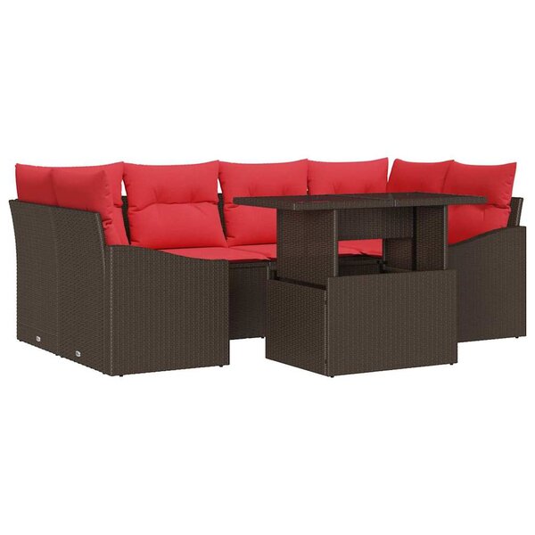 vidaXL Ensemble de canapé de jardin 7 Pièces Marron et rouge Poly rotin