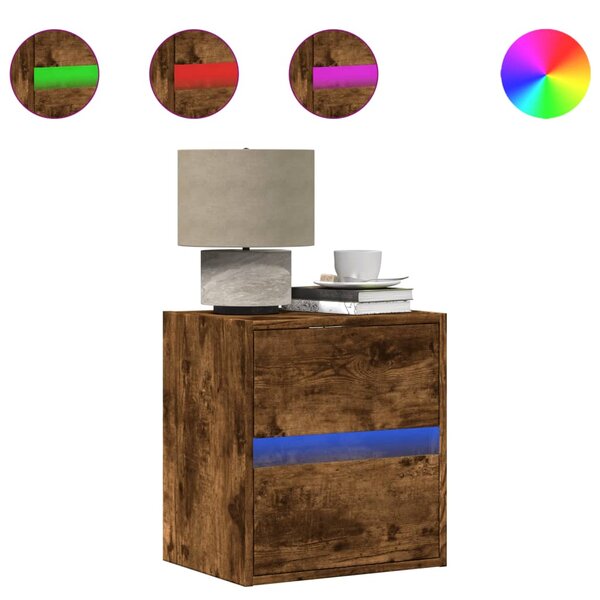 vidaXL Table de chevet murale avec lumières LED chêne fumé