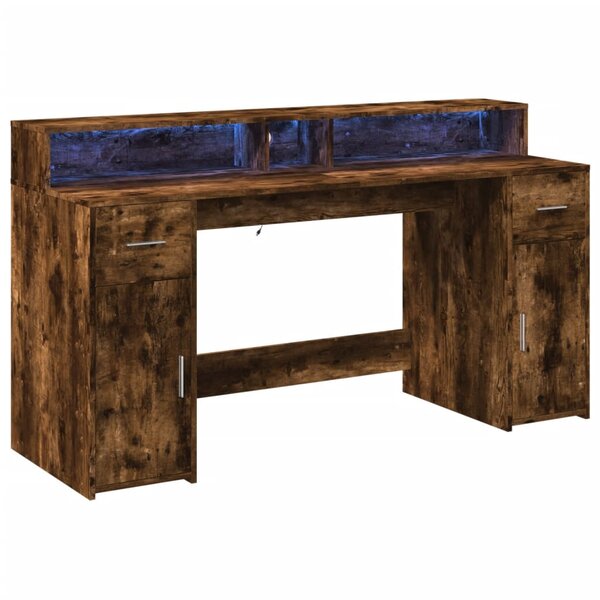Bureau table poste de travail meuble d'ordinateur informatique étude et lumières LED chêne fumé 160 x 55 x 91cm bois d'ingénierie brun 02_0023786