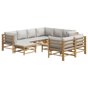 Salon de jardin meuble d'extérieur ensemble de mobilier 10 pièces avec coussins gris clair bambou 02_0015042