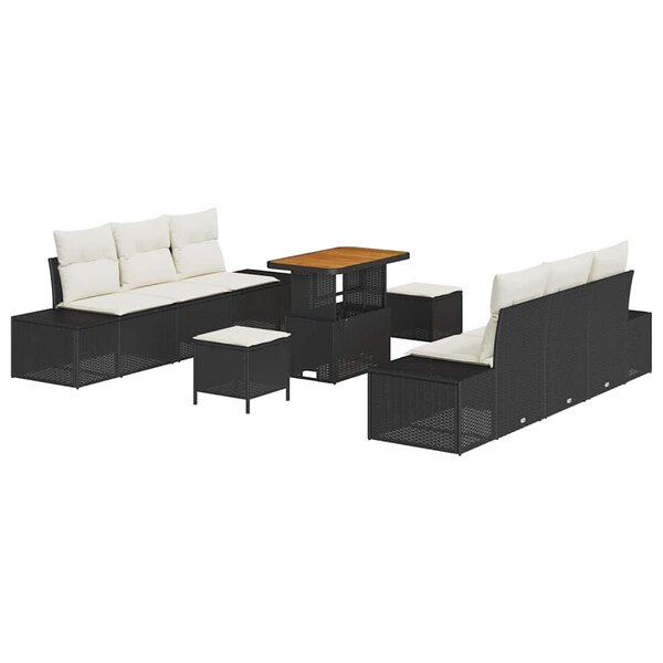 Ensemble de canapé de jardin 9 pièces avec coussins poly rattan noir acacia