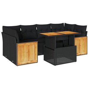 vidaXL Salon de jardin avec coussins 7 Pièces noir résine tressée acacia