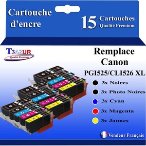 T3AZUR -15x Cartouches compatibles avec Canon PGI525 CLI-525 XL  pour Canon Pixma MG5100 MG5140 MG5150 MG5200 MG5250 MG5350 MG6150