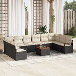 Ensemble de Canapé de Jardin 11 Pièces avec Coussins Noir Rotin Poly Acacia