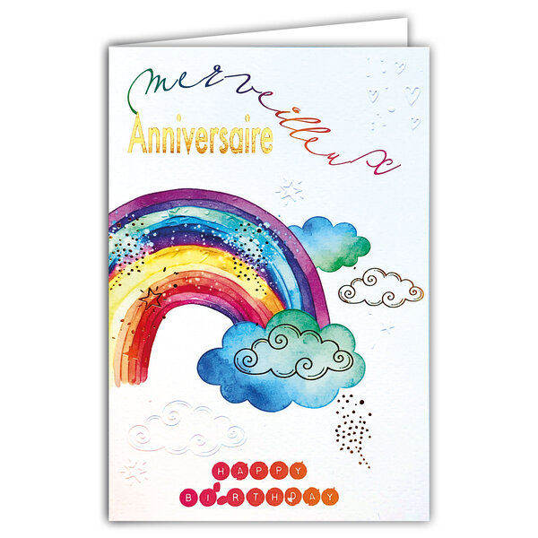69-3112 Carte Anniversaire Merveilleux Arc-en-ciel peint à l'Aquarelle Après la Pluie Beau Temps Soleil - Finitions Dorure Or Doré + Gaufrage en Relief +1 Enveloppe Format 12x17cm - Fabriqué en Europe