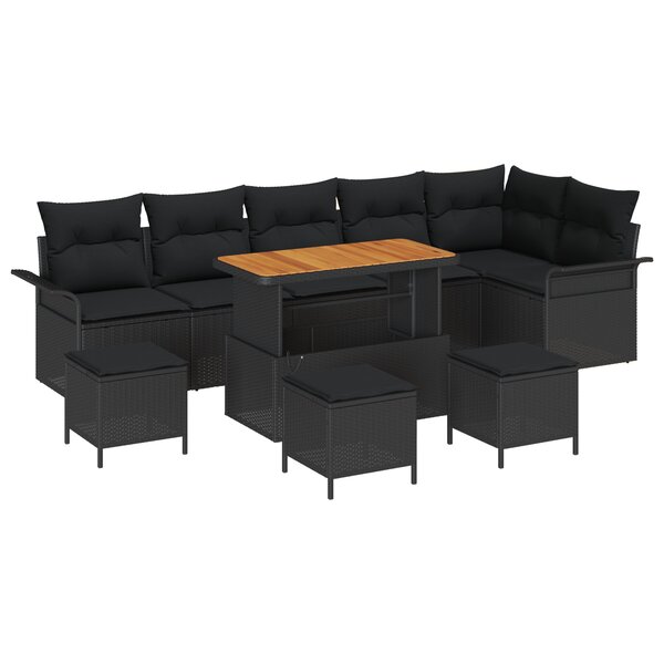 Canapé de Jardin 10 Pièces Avec Coussins Noir Poly Rattan Acacia