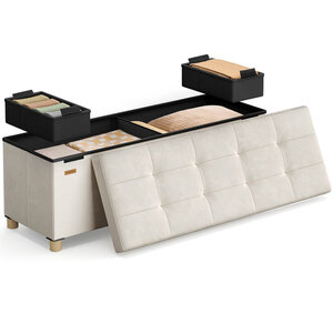 Banc de rangement cube pliable 38 x 110 x 40 cm pouf repose-pieds 112 litres surface en velours pour chambre salon dortoir beige 12_0004145