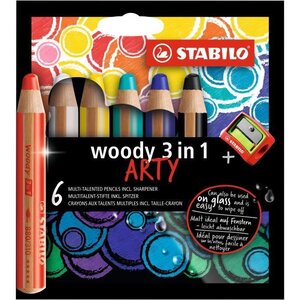 Etui carton x 6 crayons multi-talents STABILO woody 3in1 ARTY + 1 taille-crayon