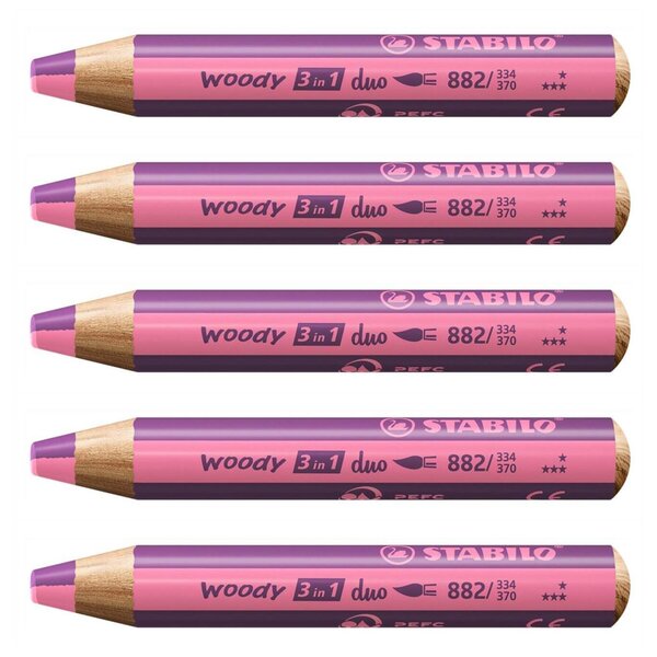 Crayon multi-talents woody 3 in 1 duo - rose-lilas x 5 STABILO