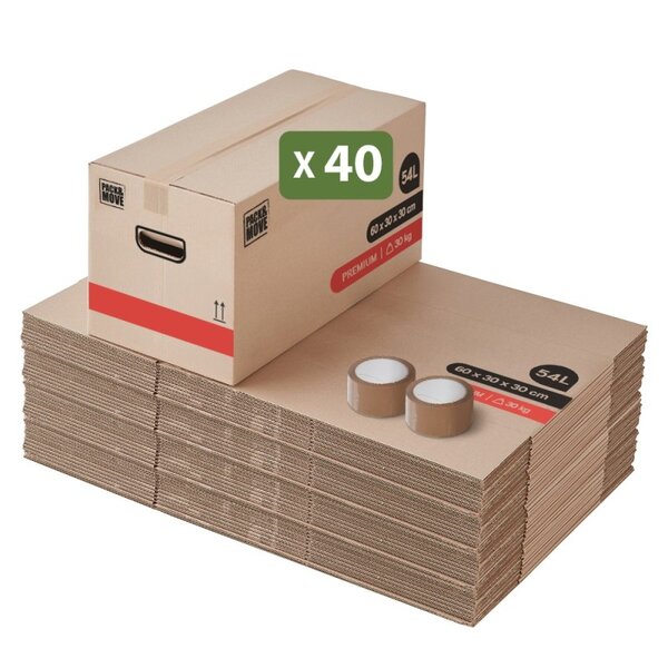 Pack and Move - Lot 40 Cartons Déménagement Premium - 60 X 25 X 25 Cm - Extrême Résistance 25 KG - Réutilisables - Double Épaisseur - Poignées Renforcées - 2 Adhésifs Offerts