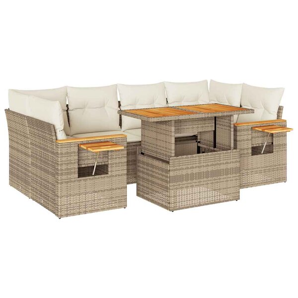 vidaXL Salon de jardin avec coussins 7 Pièces beige résine tressée acacia