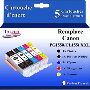 T3AZUR - 5x Cartouches compatibles avec Canon PGI-550 CLI-551 XL pour Canon Pixma MG5400 MG5450 MG5500 MG5550 MG5600 MG5650 MG5655
