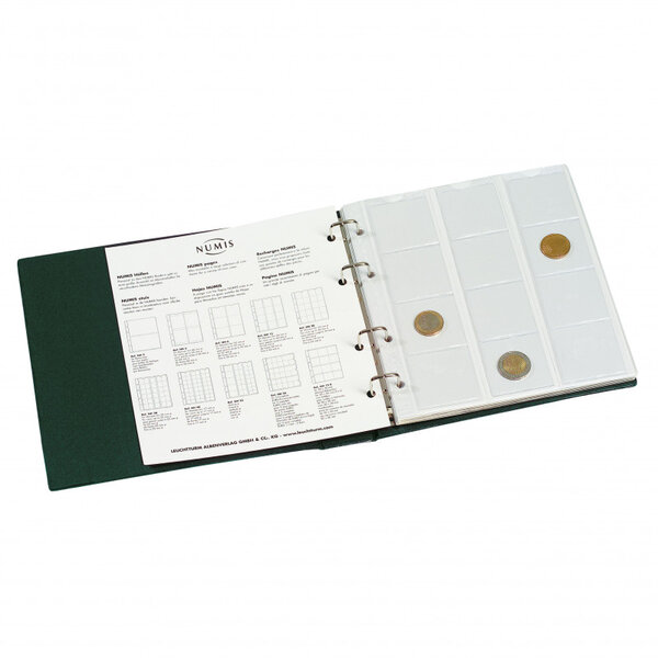 Album Numis avec 5 feuilles pour 143 monnaies de collection. Couleur - Vert